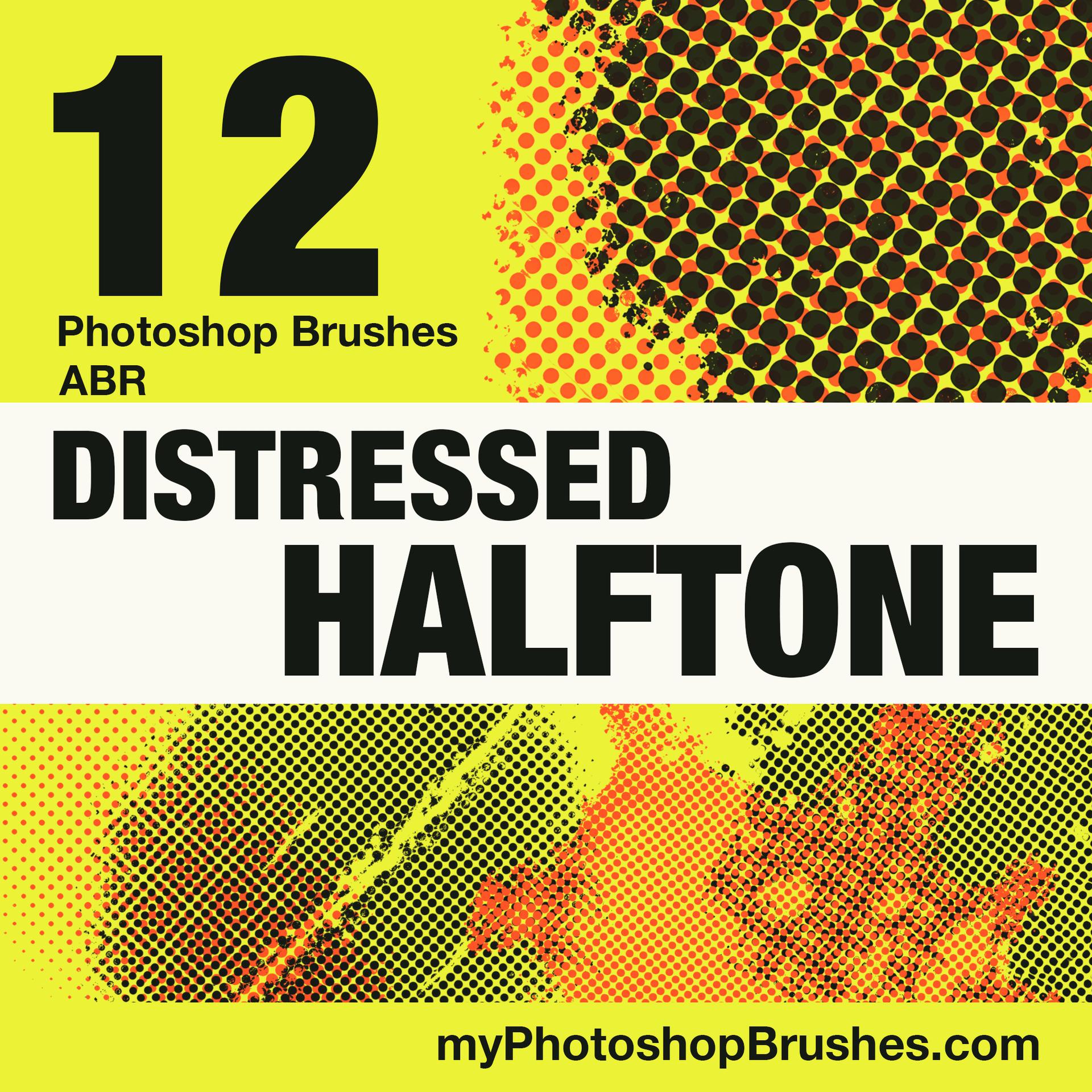 Acid-yellow poster with orange and black worn halftone impressions, a large 12, and staggered Distressed Halftone lettering across a cream band.
