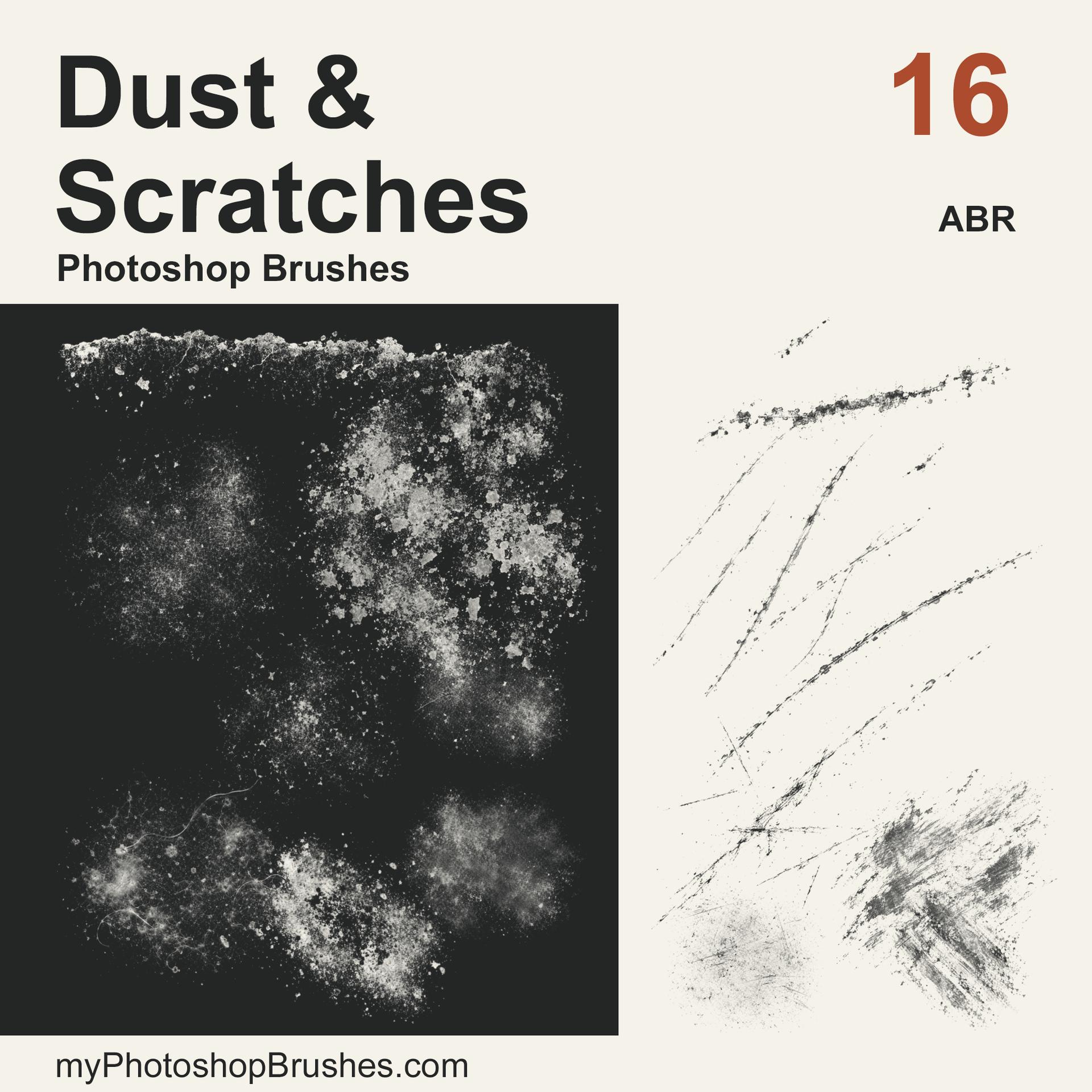 A cream and charcoal brush cover shows white fine and coarse dust, fibers and worn edges on the left, with dark long scratches, crossing marks and abrasion on the right. Bold lettering reads Dust & Scratches beside a rust-colored 16.