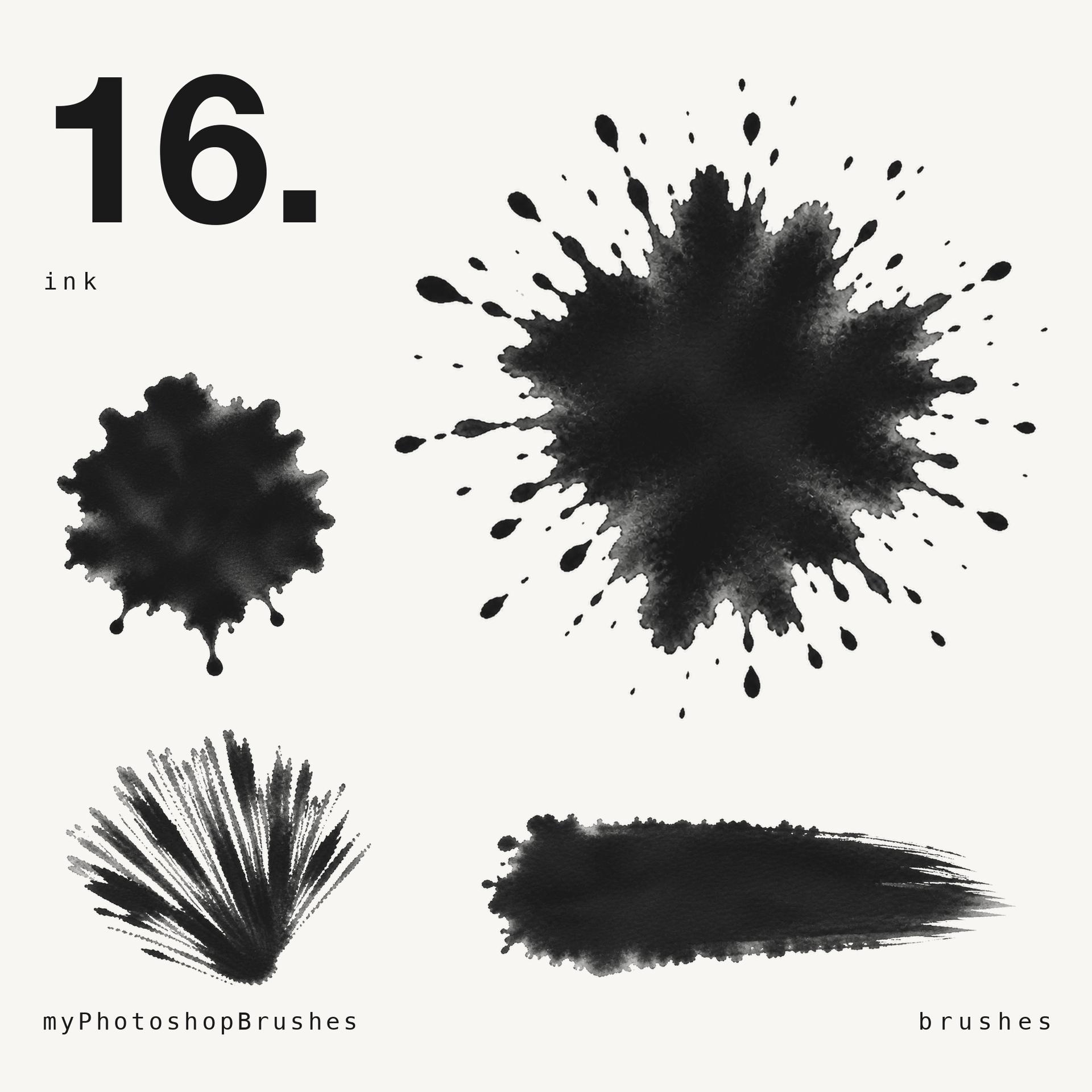 Four black India ink marks on off-white. A radiating splatter with teardrop droplets fills the right half; at the left a round blot with drips beading off it, a splayed dry fan below it, and a broad stroke drying to bristle along the bottom.