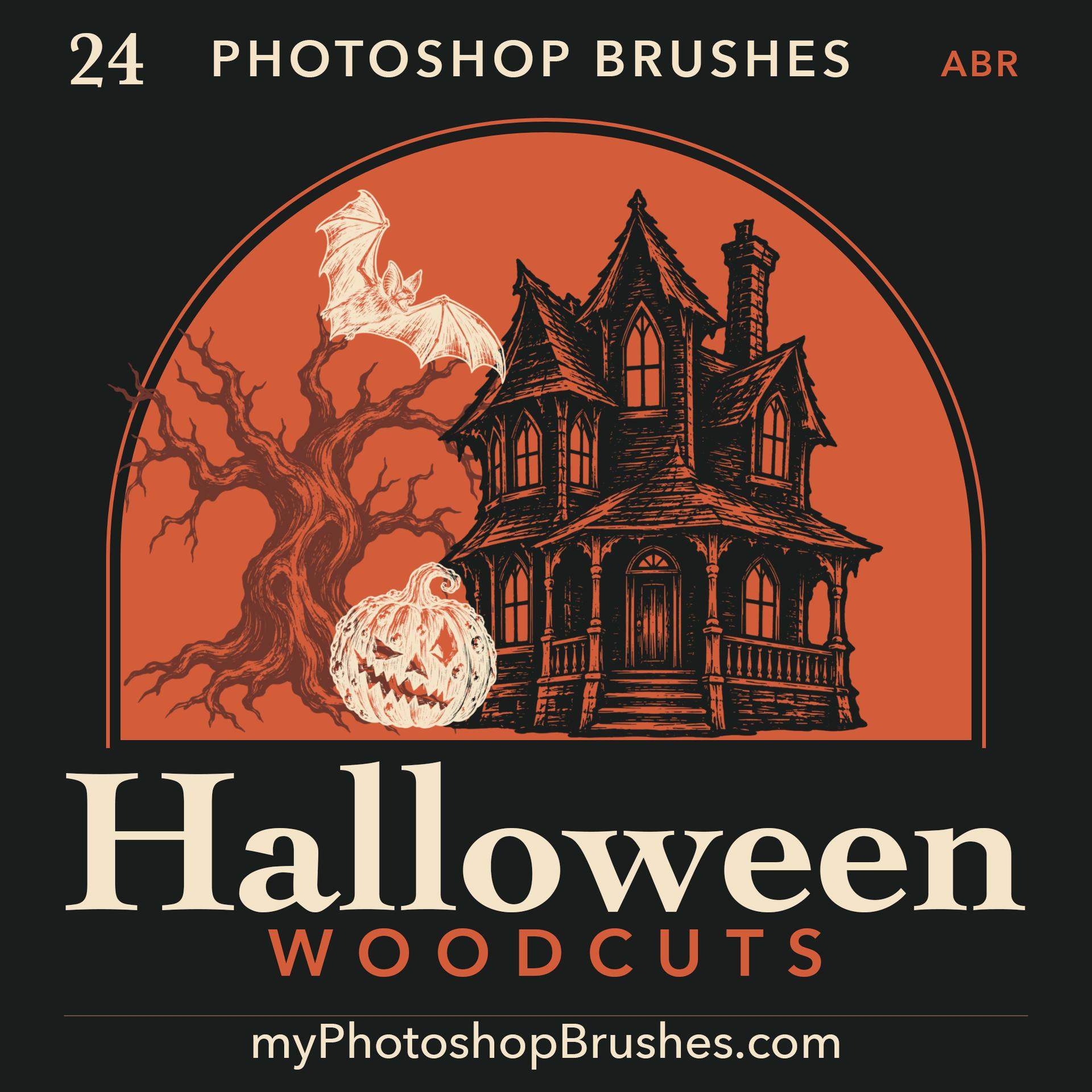 A haunted house and bare tree with a cream bat and pumpkin inside a rust-orange arch, above cream Halloween lettering on a dark background.