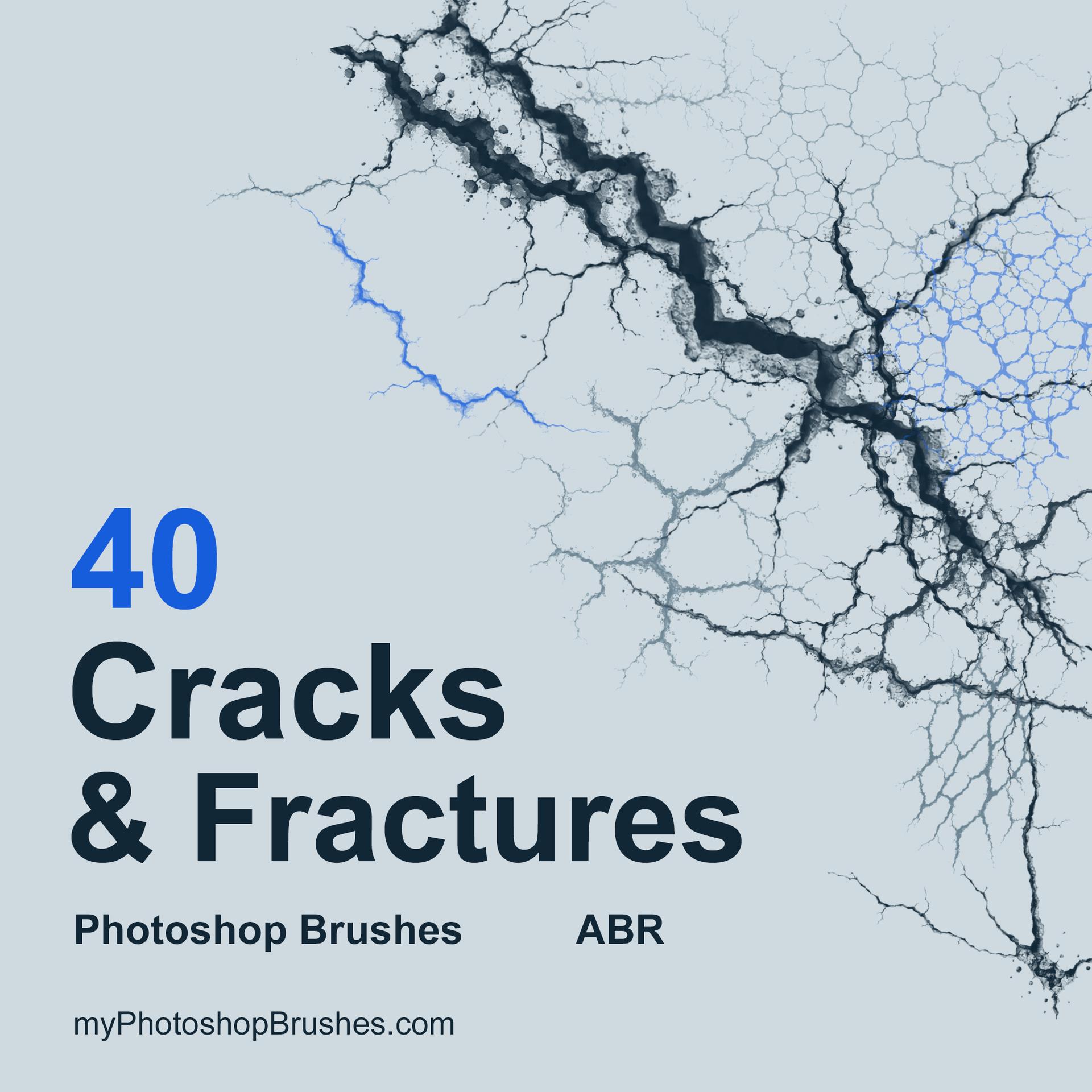 Dark branching fractures cross a pale blue-gray field, with cobalt-blue fine cracks and dense crackle at the upper right. Large navy lettering fills the lower left beside a blue 40.