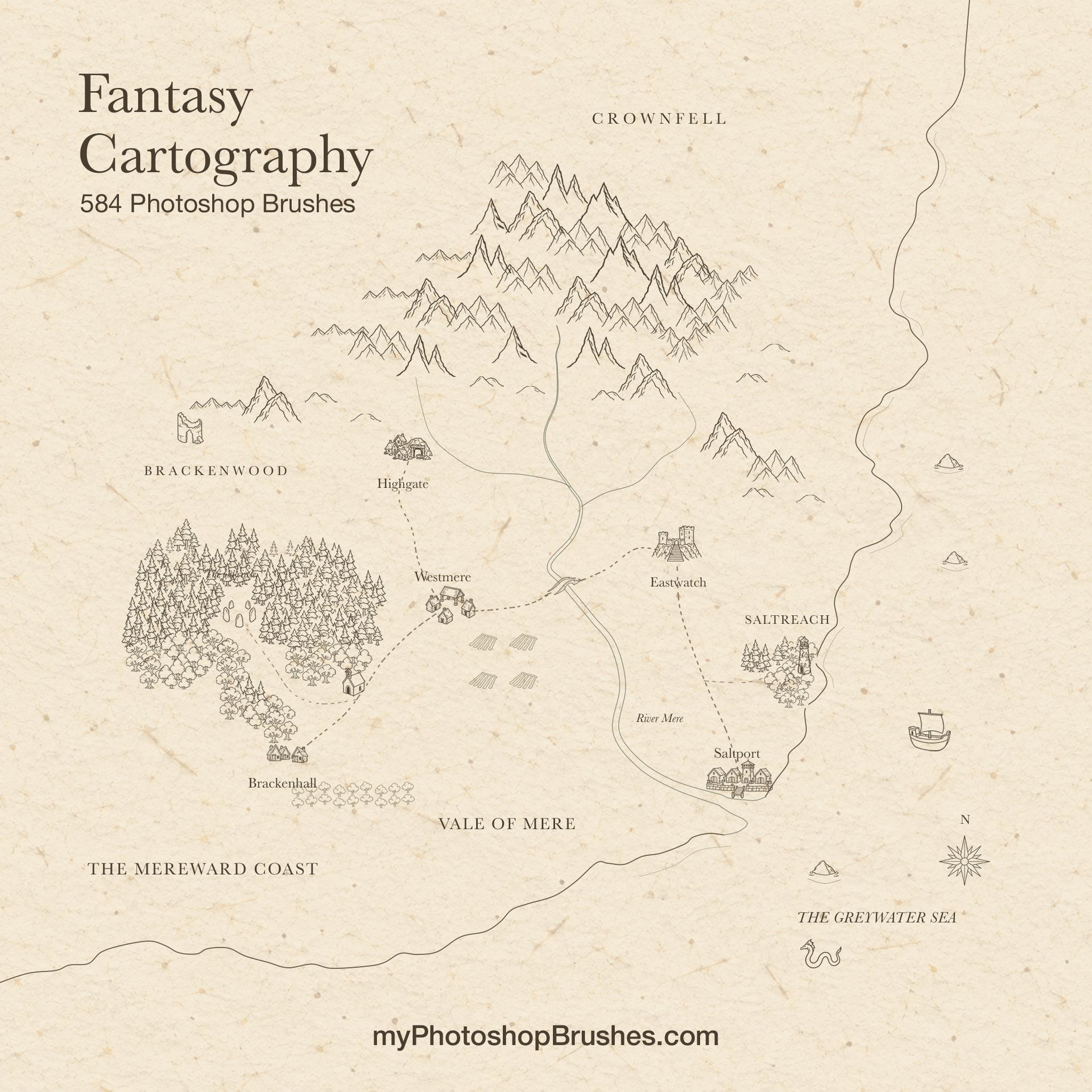 Sepia fantasy map on aged ivory paper, with a branching mountain range, clustered forests, villages linked by dashed roads, a stone bridge over a river and a port at its coastal mouth.