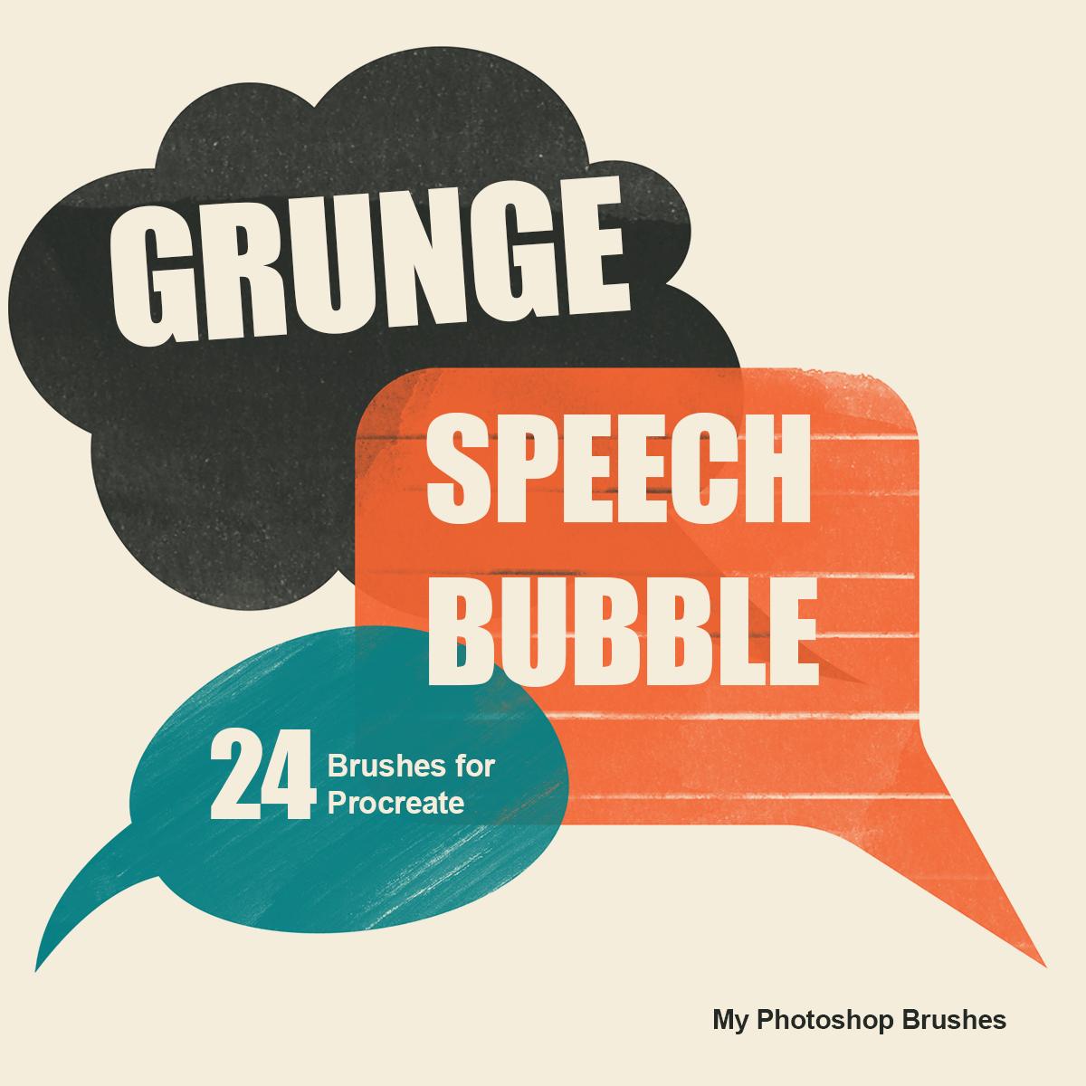 Grunge Speech Bubble cover with charcoal, orange and teal brush impressions on cream, labeled 24 Brushes for Procreate.