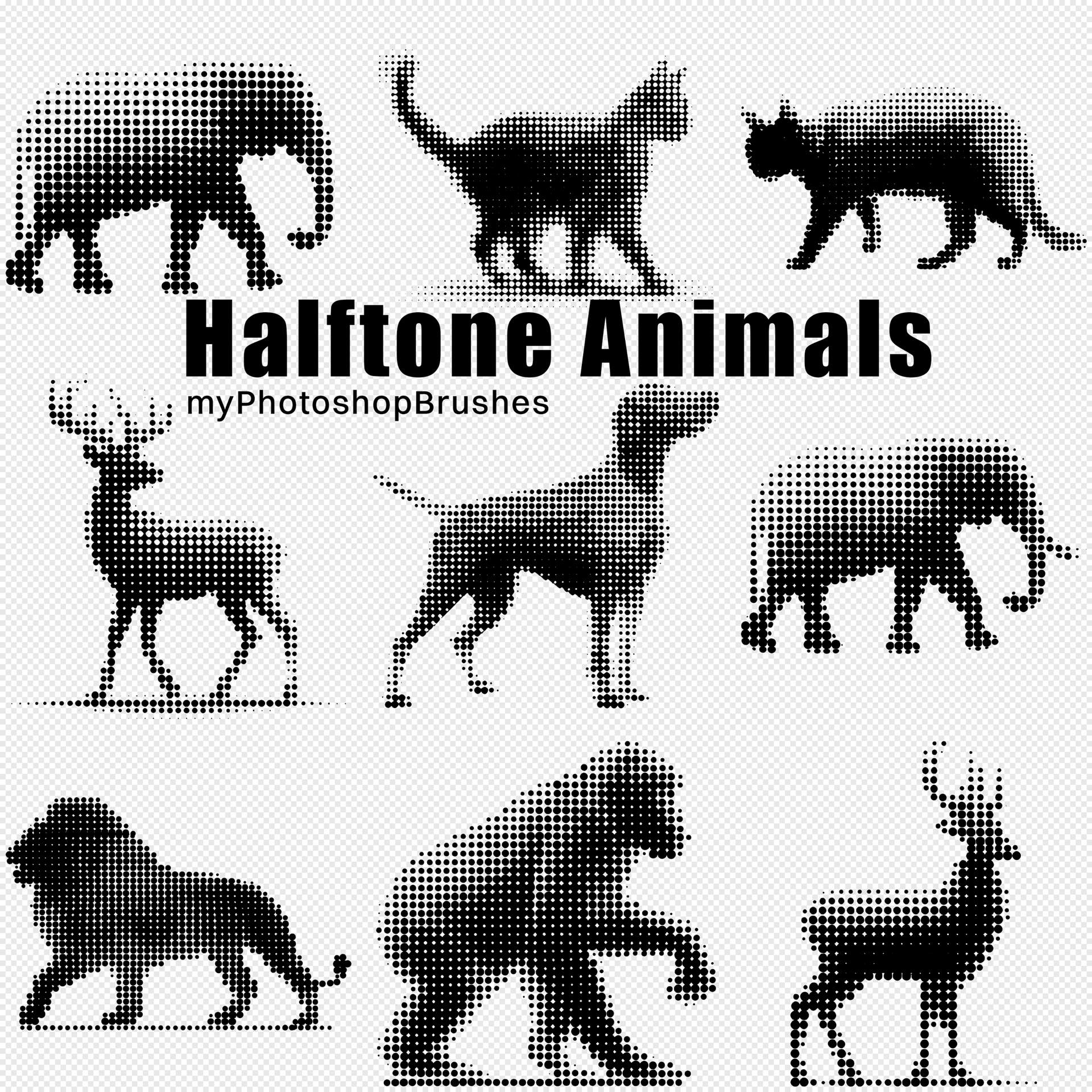 Halftone Animals – Photoshop Brushes with Dot Pattern Silhouettes