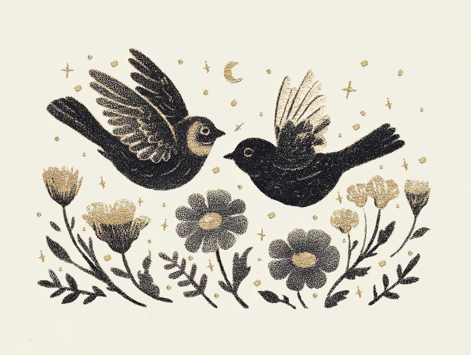 Gold and Ink Two Birds in Flight
